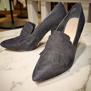 Shoe 9 West block heel, oxford or loafer style, sz 8.5 M, EUC, vegan suede, blck